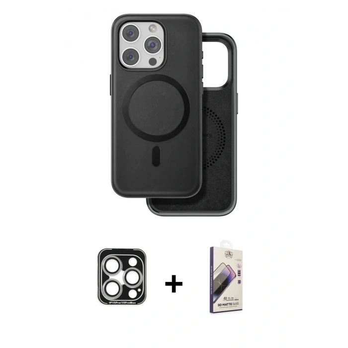 MARSİLYAN™- iPhone 15 Pro Max Kılıf Pusula Işık Koleksiyonu - Siyah Bilvis 3D Mat Cam Ekran Koruyucu + PVD Metal Kamera Lens - GS