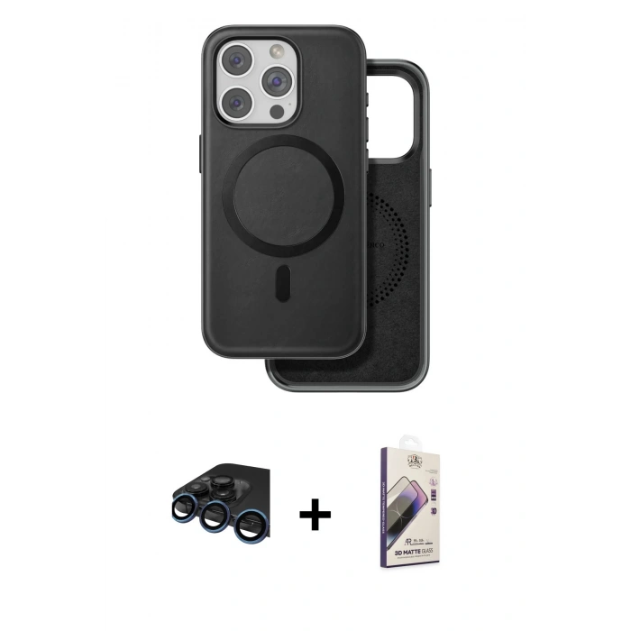 MARSİLYAN™- iPhone 15 Pro Max Kılıf Pusula Işık Koleksiyonu - Siyah Bilvis 3D Mat Cam Ekran Koruyucu + Raze Metal Kamera Lens - LT
