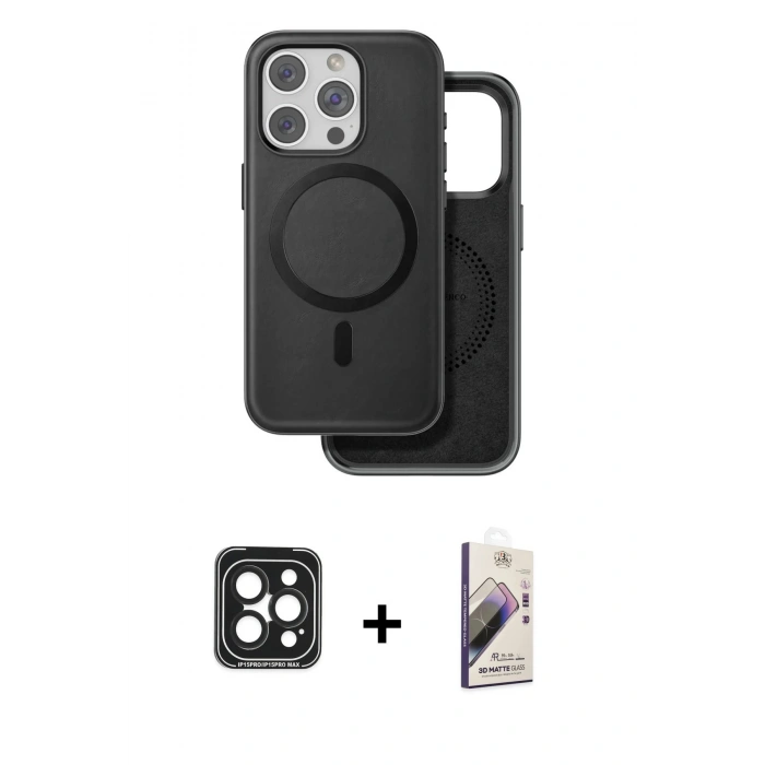 MARSİLYAN™- iPhone 15 Pro Max Kılıf Pusula Işık Koleksiyonu - Siyah Bilvis 3D Mat Cam Ekran Koruyucu + PVD Metal Kamera Lens - SH