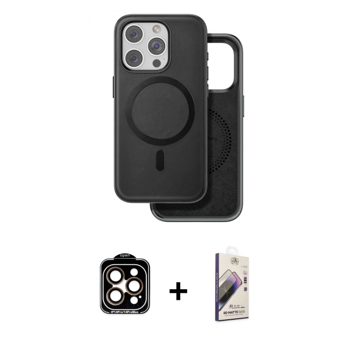 MARSİLYAN™- iPhone 15 Pro Max Kılıf Pusula Işık Koleksiyonu - Siyah Bilvis 3D Mat Cam Ekran Koruyucu + PVD Metal Kamera Lens - TU