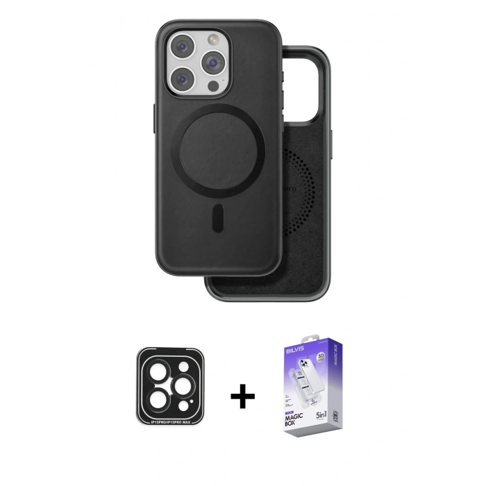 MARSİLYAN™- iPhone 15 Pro Max Kılıf Pusula Işık Koleksiyonu - Siyah Bilvis 5in1 3D Magic Cam Ekran Koruyucu + PVD Metal Kamera Lens - SH