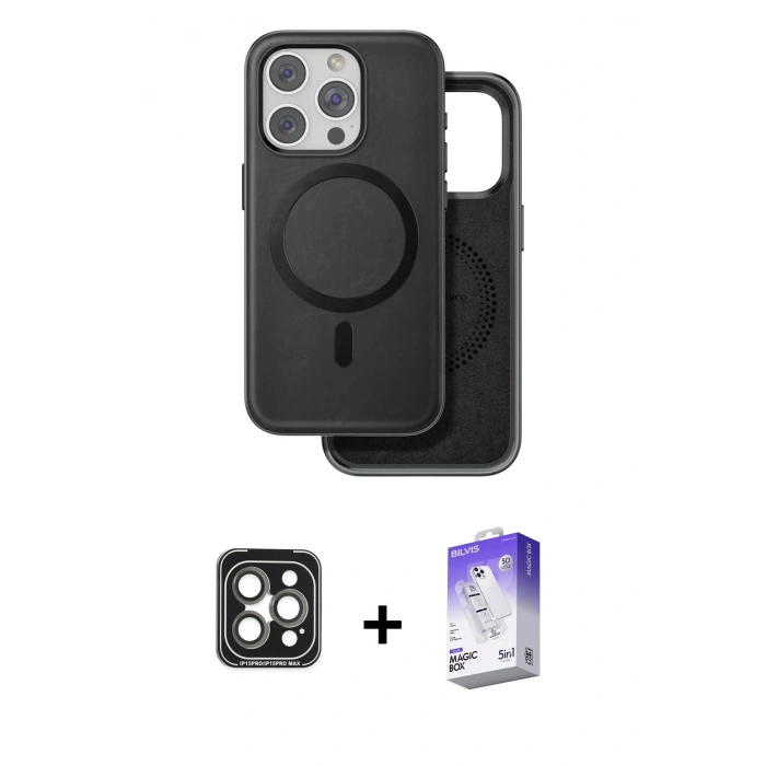 MARSİLYAN™- iPhone 15 Pro Max Kılıf Pusula Işık Koleksiyonu - Siyah Bilvis 5in1 3D Magic Cam Ekran Koruyucu + Gri PVD Metal Kamera Lens