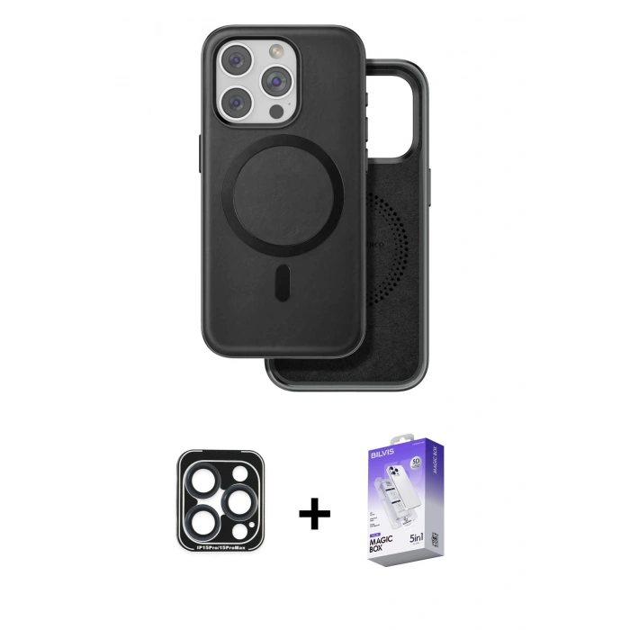 MARSİLYAN™- iPhone 15 Pro Max Kılıf Pusula Işık Koleksiyonu - Siyah Bilvis 5in1 3D Magic Cam Ekran Koruyucu + PVD Metal Kamera Lens - LT