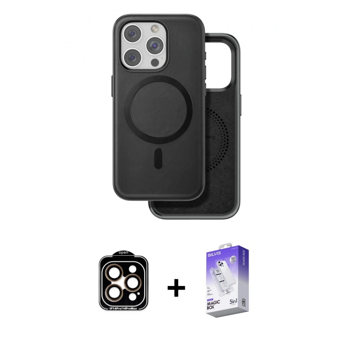 MARSİLYAN™- iPhone 15 Pro Max Kılıf Pusula Işık Koleksiyonu - Siyah Bilvis 5in1 3D Magic Cam Ekran Koruyucu + PVD Metal Kamera Lens - TU