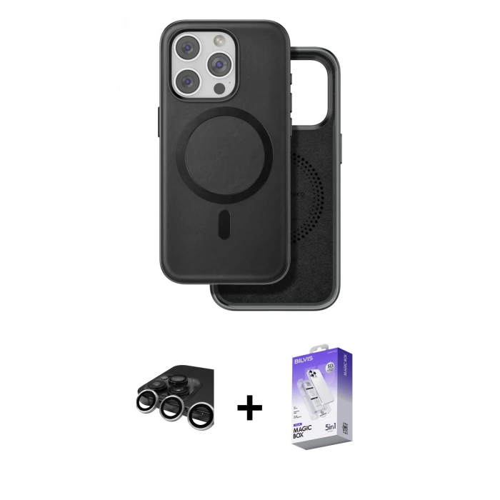 MARSİLYAN™- iPhone 15 Pro Max Kılıf Pusula Işık Koleksiyonu - Siyah Bilvis 5in1 3D Magic Cam Ekran Koruyucu + Raze Metal Kamera Lens - GS