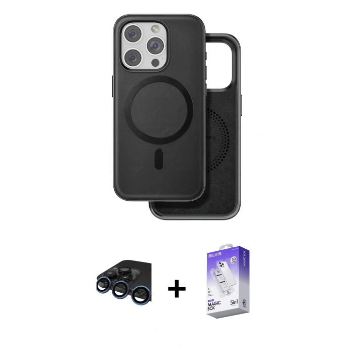 MARSİLYAN™- iPhone 15 Pro Max Kılıf Pusula Işık Koleksiyonu - Siyah Bilvis 5in1 3D Magic Cam Ekran Koruyucu + Raze Metal Kamera Lens - LT