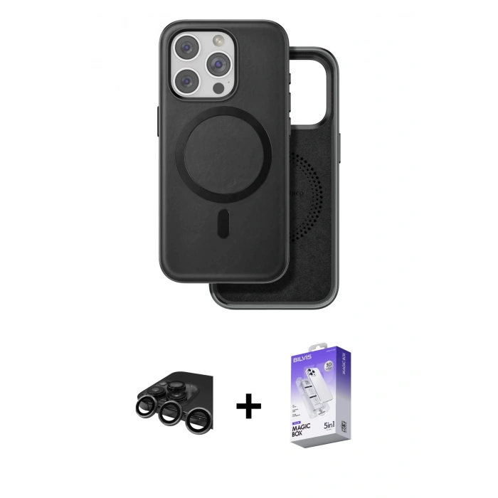 MARSİLYAN™- iPhone 15 Pro Max Kılıf Pusula Işık Koleksiyonu - Siyah Bilvis 5in1 3D Magic Cam Ekran Koruyucu + Raze Metal Kamera Lens - TMGI