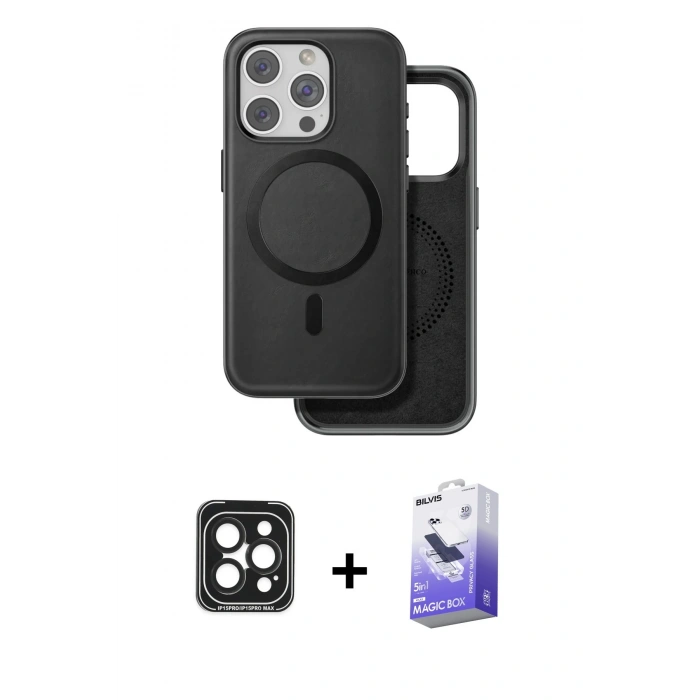 MARSİLYAN™- iPhone 15 Pro Max Kılıf Pusula Işık Koleksiyonu - Siyah Bilvis 5in1 5D Magic Hayalet Cam Ekran Koruyucu + PVD Metal Kamera Lens - SH