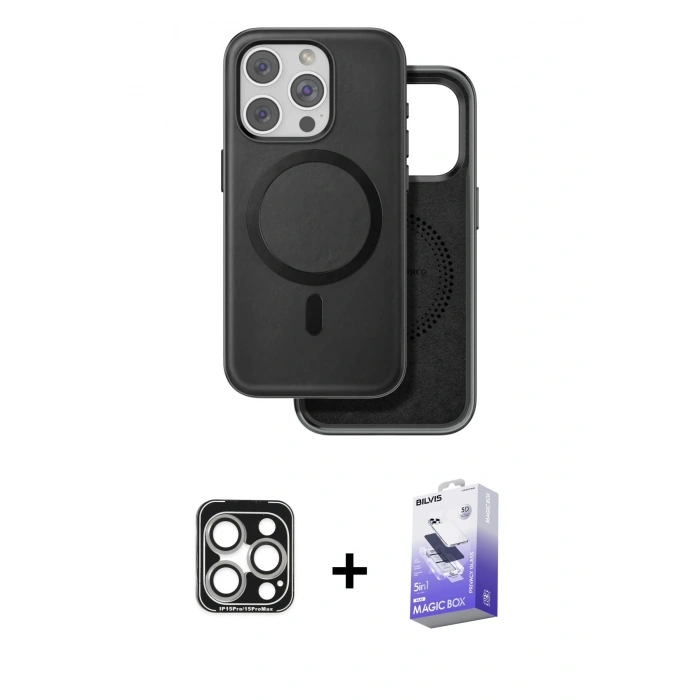 MARSİLYAN™- iPhone 15 Pro Max Kılıf Pusula Işık Koleksiyonu - Siyah Bilvis 5in1 5D Magic Hayalet Cam Ekran Koruyucu + PVD Metal Kamera Lens - GS