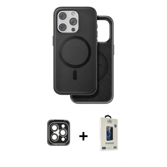 MARSİLYAN™- iPhone 15 Pro Max Kılıf Pusula Işık Koleksiyonu - Siyah Bilvis Hayalet Cam Ekran Koruyucu + Gri PVD Metal Kamera Lens