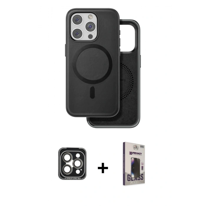 MARSİLYAN™- iPhone 15 Pro Max Kılıf Pusula Işık Koleksiyonu - Siyah Bilvis Hayalet Cam Ekran Koruyucu + PVD Metal Kamera Lens - GI