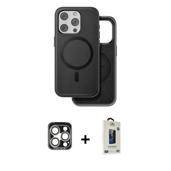 MARSİLYAN™- iPhone 15 Pro Max Kılıf Pusula Işık Koleksiyonu - Siyah Bilvis Hayalet Cam Ekran Koruyucu + PVD Metal Kamera Lens - GS