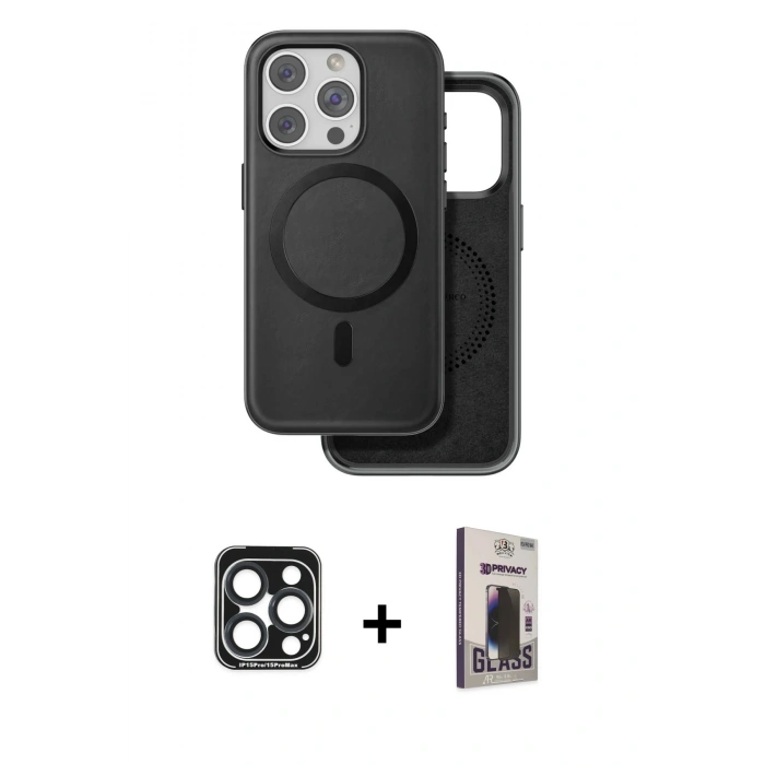 MARSİLYAN™- iPhone 15 Pro Max Kılıf Pusula Işık Koleksiyonu - Siyah Bilvis Hayalet Cam Ekran Koruyucu + PVD Metal Kamera Lens - LT