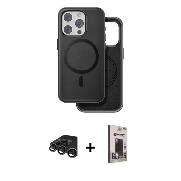 MARSİLYAN™- iPhone 15 Pro Max Kılıf Pusula Işık Koleksiyonu - Siyah Bilvis Hayalet Cam Ekran Koruyucu + Raze Metal Kamera Lens - TMGI