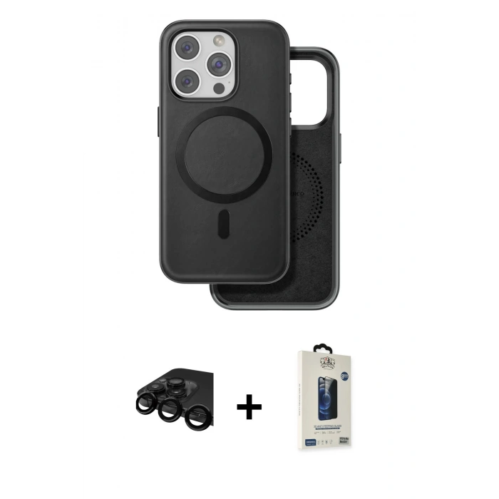 MARSİLYAN™- iPhone 15 Pro Max Kılıf Pusula Işık Koleksiyonu - Siyah Bilvis Hayalet Cam Ekran Koruyucu + Raze Metal Kamera Lens - SH