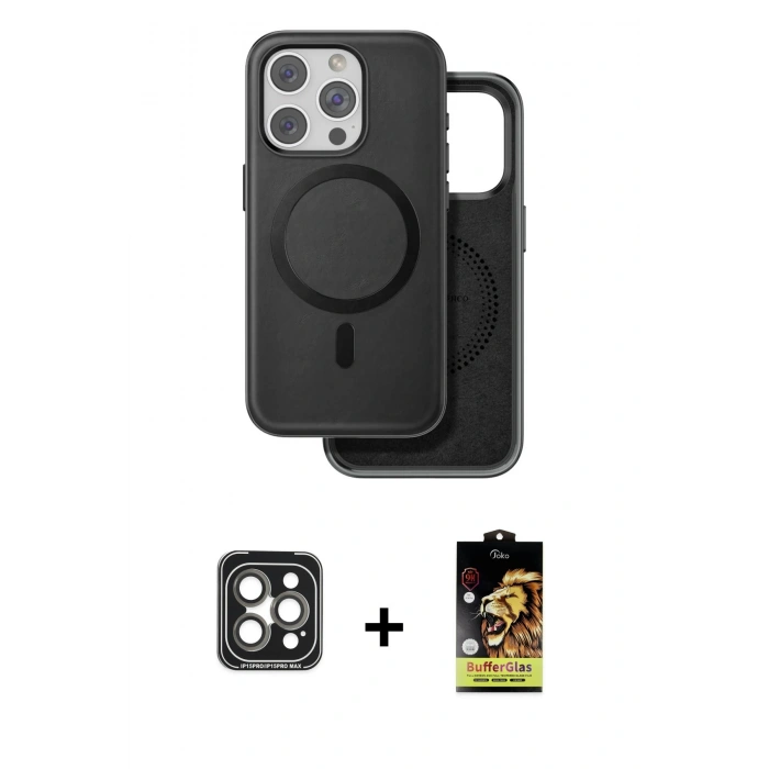 MARSİLYAN™- iPhone 15 Pro Max Kılıf Pusula Işık Koleksiyonu - Siyah Buffer Cam Ekran Koruyucu + PVD Metal Kamera Lens - GI