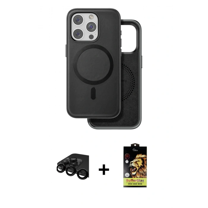 MARSİLYAN™- iPhone 15 Pro Max Kılıf Pusula Işık Koleksiyonu - Siyah Buffer Cam Ekran Koruyucu + Raze Metal Kamera Lens - SH