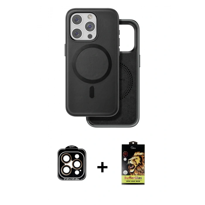 MARSİLYAN™- iPhone 15 Pro Max Kılıf Pusula Işık Koleksiyonu - Siyah Buffer Cam Ekran Koruyucu + PVD Metal Kamera Lens - TU