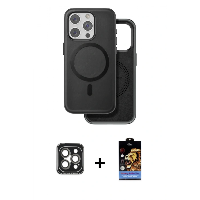 MARSİLYAN™- iPhone 15 Pro Max Kılıf Pusula Işık Koleksiyonu - Siyah Buffer Hayalet Cam Ekran Koruyucu + Gri PVD Metal Kamera Lens