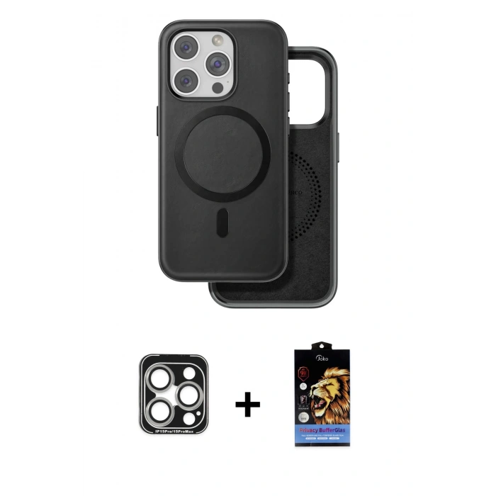 MARSİLYAN™- iPhone 15 Pro Max Kılıf Pusula Işık Koleksiyonu - Siyah Buffer Hayalet Cam Ekran Koruyucu + PVD Metal Kamera Lens - GS
