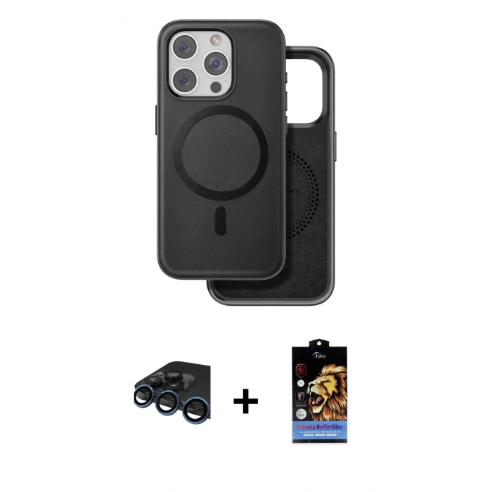 MARSİLYAN™- iPhone 15 Pro Max Kılıf Pusula Işık Koleksiyonu - Siyah Buffer Hayalet Cam Ekran Koruyucu + Raze Metal Kamera Lens - LT