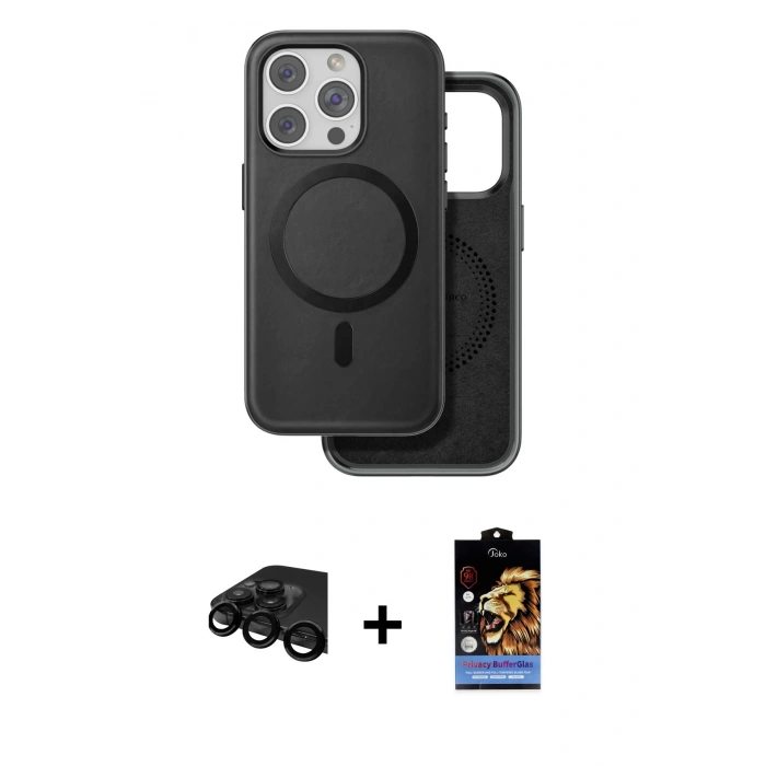 MARSİLYAN™- iPhone 15 Pro Max Kılıf Pusula Işık Koleksiyonu - Siyah Buffer Hayalet Cam Ekran Koruyucu + Raze Metal Kamera Lens - SH