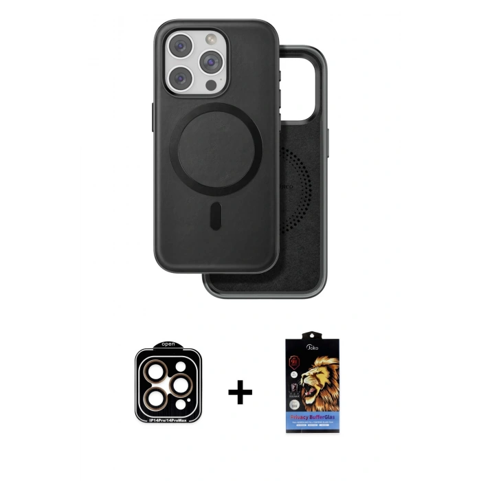 MARSİLYAN™- iPhone 15 Pro Max Kılıf Pusula Işık Koleksiyonu - Siyah Buffer Hayalet Cam Ekran Koruyucu + PVD Metal Kamera Lens - TU