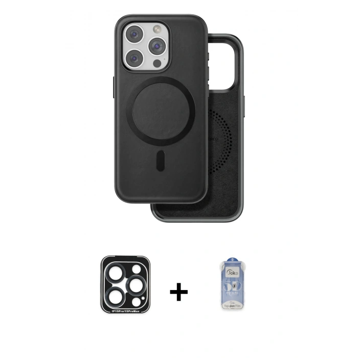 MARSİLYAN™- iPhone 15 Pro Max Kılıf Pusula Işık Koleksiyonu - Siyah Joko Magic 5D Cam + PVD Metal Kamera Lens - LT