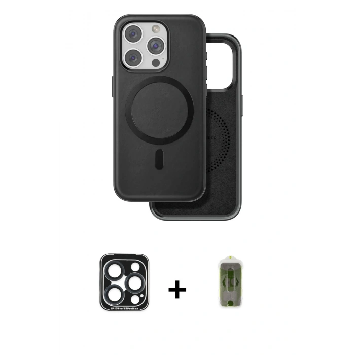 MARSİLYAN™- iPhone 15 Pro Max Kılıf Pusula Işık Koleksiyonu - Siyah Joko Magic 5D Hayalet Cam + Lacivert PVD Metal Kamera Lens