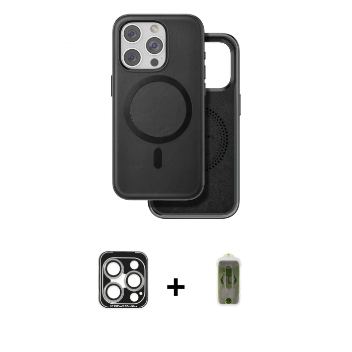 MARSİLYAN™- iPhone 15 Pro Max Kılıf Pusula Işık Koleksiyonu - Siyah Joko Magic 5D Hayalet Cam + PVD Metal Kamera Lens - GS