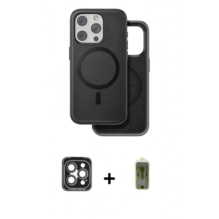 MARSİLYAN™- iPhone 15 Pro Max Kılıf Pusula Işık Koleksiyonu - Siyah Joko Magic 5D Hayalet Cam + PVD Metal Kamera Lens - GI
