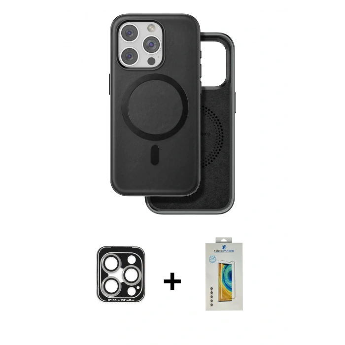 MARSİLYAN™- iPhone 15 Pro Max Kılıf Pusula Işık Koleksiyonu - Siyah Polymer Nano Ekran Koruyucu + Gümüş PVD Metal Kamera Lens