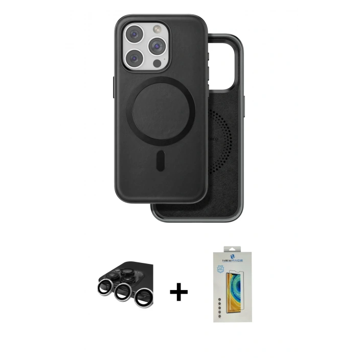 MARSİLYAN™- iPhone 15 Pro Max Kılıf Pusula Işık Koleksiyonu - Siyah Polymer Nano Ekran Koruyucu + Raze Metal Kamera Lens - GS