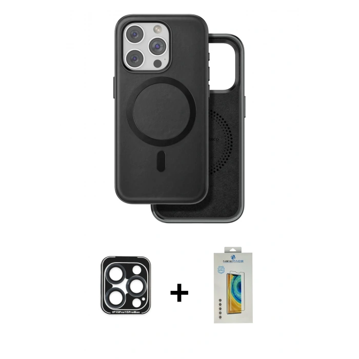 MARSİLYAN™- iPhone 15 Pro Max Kılıf Pusula Işık Koleksiyonu - Siyah Polymer Nano Ekran Koruyucu + PVD Metal Kamera Lens - LT