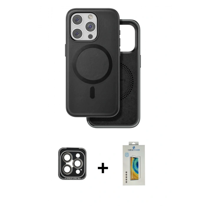 MARSİLYAN™- iPhone 15 Pro Max Kılıf Pusula Işık Koleksiyonu - Siyah Polymer Nano Ekran Koruyucu + PVD Metal Kamera Lens - GI