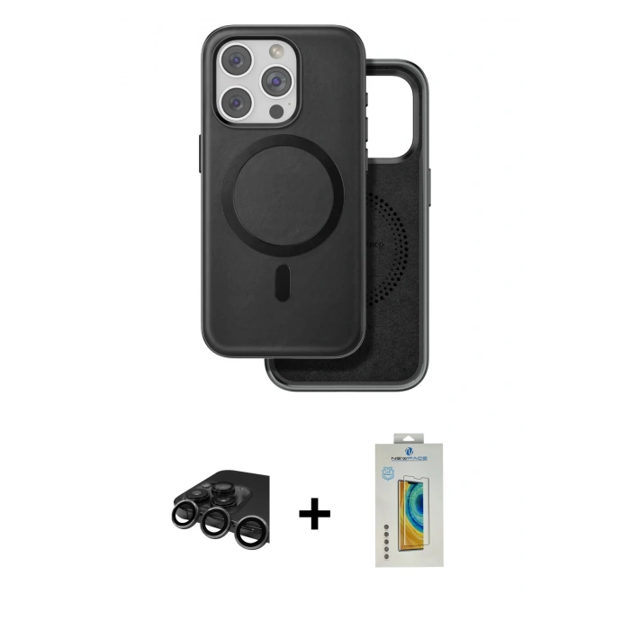 MARSİLYAN™- iPhone 15 Pro Max Kılıf Pusula Işık Koleksiyonu - Siyah Polymer Nano Ekran Koruyucu + Raze Metal Kamera Lens - TMGI