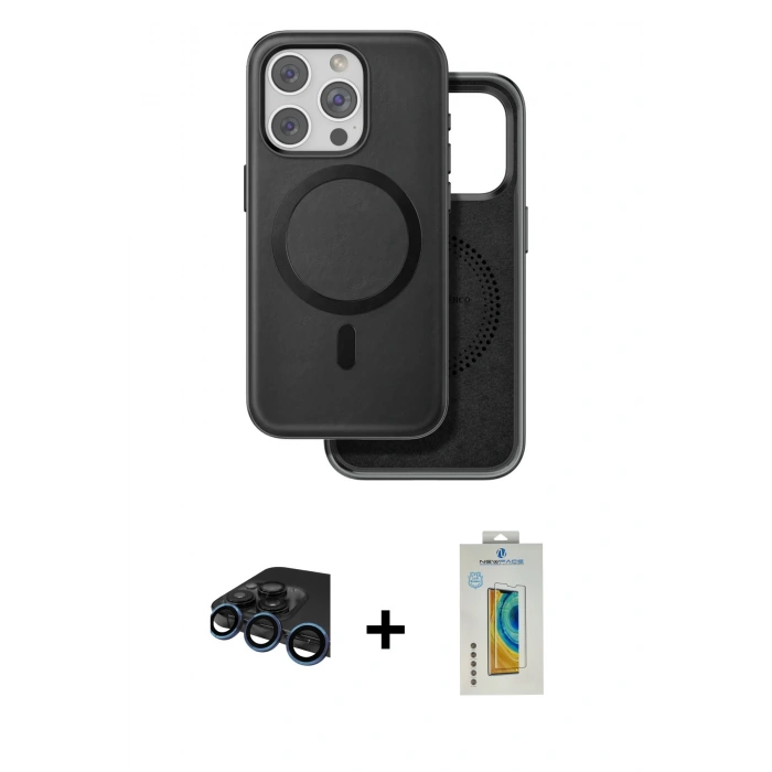 MARSİLYAN™- iPhone 15 Pro Max Kılıf Pusula Işık Koleksiyonu - Siyah Polymer Nano Ekran Koruyucu + Raze Metal Kamera Lens - LT