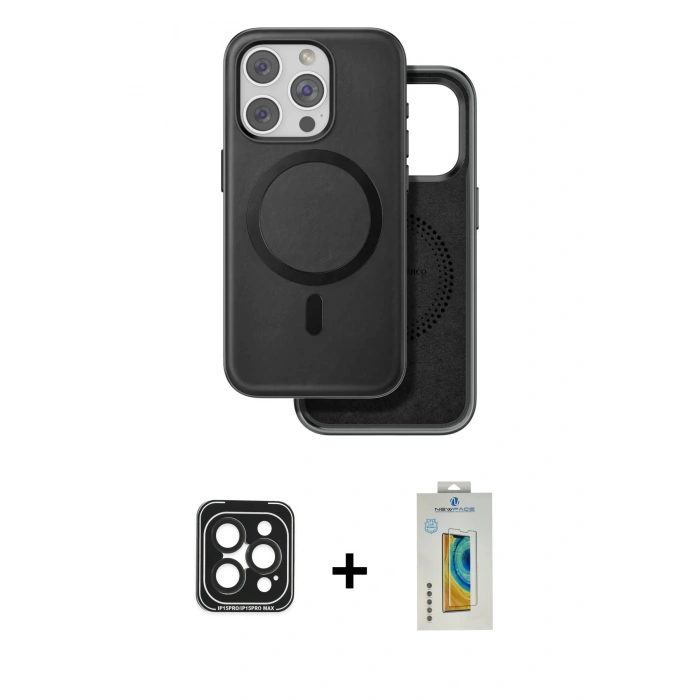 MARSİLYAN™- iPhone 15 Pro Max Kılıf Pusula Işık Koleksiyonu - Siyah Polymer Nano Ekran Koruyucu + PVD Metal Kamera Lens - SH