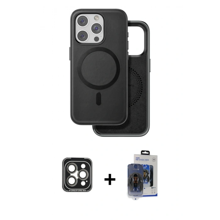 MARSİLYAN™- iPhone 15 Pro Max Kılıf Pusula Işık Koleksiyonu - Siyah Vanessa Magic Cam + PVD Metal Kamera Lens - GI