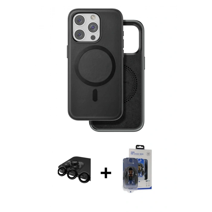 MARSİLYAN™- iPhone 15 Pro Max Kılıf Pusula Işık Koleksiyonu - Siyah Vanessa Magic Cam + Raze Metal Kamera Lens - SH