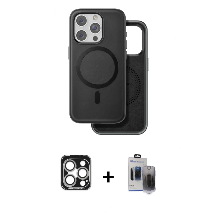 MARSİLYAN™- iPhone 15 Pro Max Kılıf Pusula Işık Koleksiyonu - Siyah Vanessa Magic Hayalet Cam + PVD Metal Kamera Lens - GS