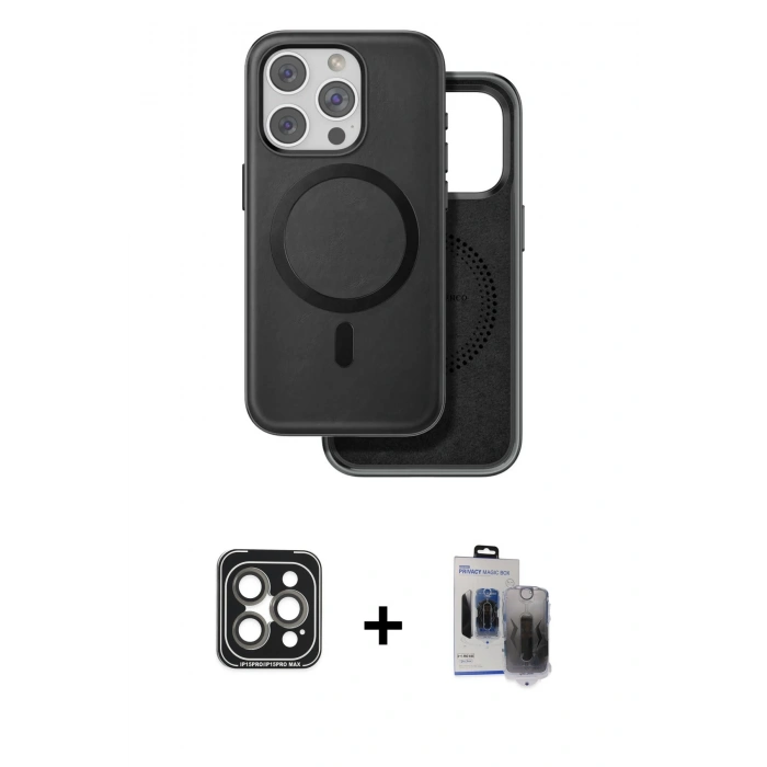 MARSİLYAN™- iPhone 15 Pro Max Kılıf Pusula Işık Koleksiyonu - Siyah Vanessa Magic Hayalet Cam + PVD Metal Kamera Lens - GI