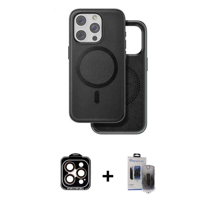 MARSİLYAN™- iPhone 15 Pro Max Kılıf Pusula Işık Koleksiyonu - Siyah Vanessa Magic Hayalet Cam + PVD Metal Kamera Lens - TU