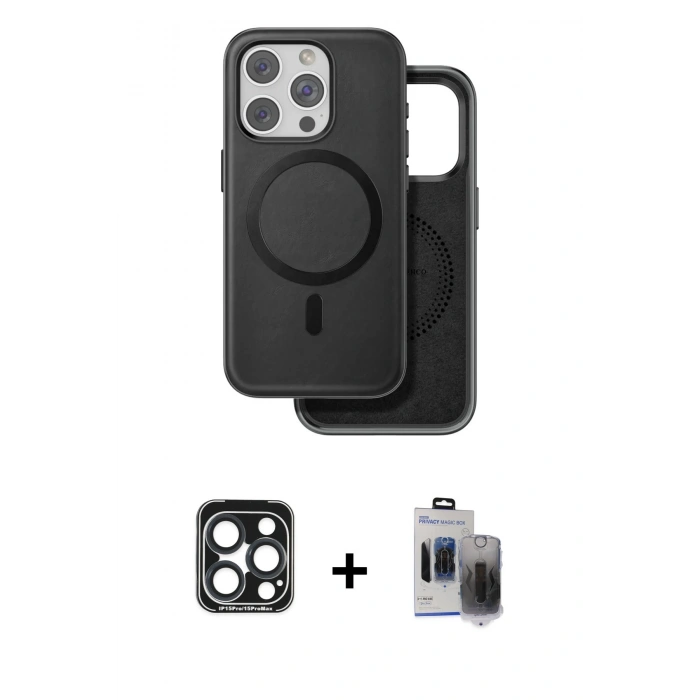 MARSİLYAN™- iPhone 15 Pro Max Kılıf Pusula Işık Koleksiyonu - Siyah Vanessa Magic Hayalet Cam + PVD Metal Kamera Lens - LT