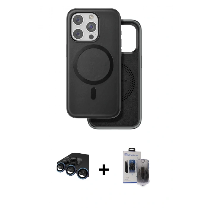 MARSİLYAN™- iPhone 15 Pro Max Kılıf Pusula Işık Koleksiyonu - Siyah Vanessa Magic Hayalet Cam + Raze Metal Kamera Lens - LT