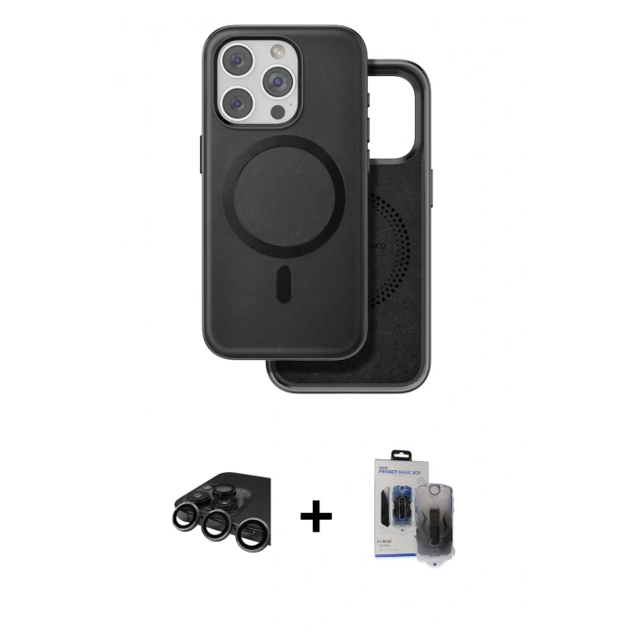 MARSİLYAN™- iPhone 15 Pro Max Kılıf Pusula Işık Koleksiyonu - Siyah Vanessa Magic Hayalet Cam + Raze Metal Kamera Lens - TMGI