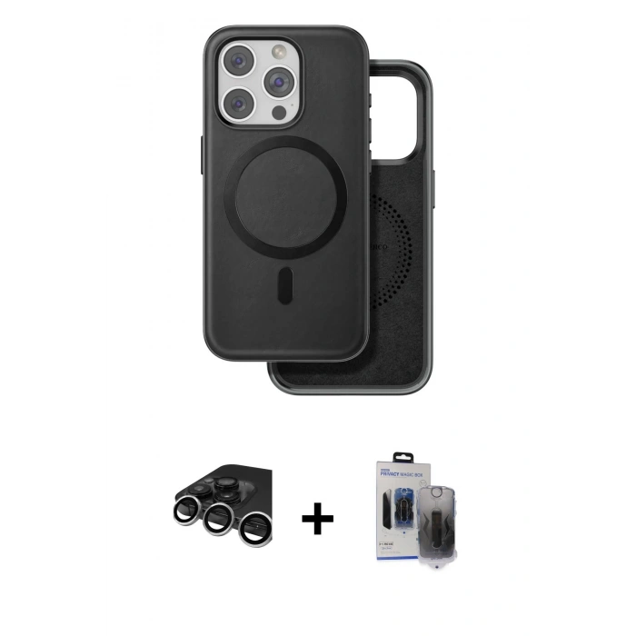MARSİLYAN™- iPhone 15 Pro Max Kılıf Pusula Işık Koleksiyonu - Siyah Vanessa Magic Hayalet Cam + Raze Metal Kamera Lens - GS