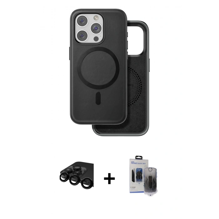 MARSİLYAN™- iPhone 15 Pro Max Kılıf Pusula Işık Koleksiyonu - Siyah Vanessa Magic Hayalet Cam + Siyah Raze Metal Kamera Lens