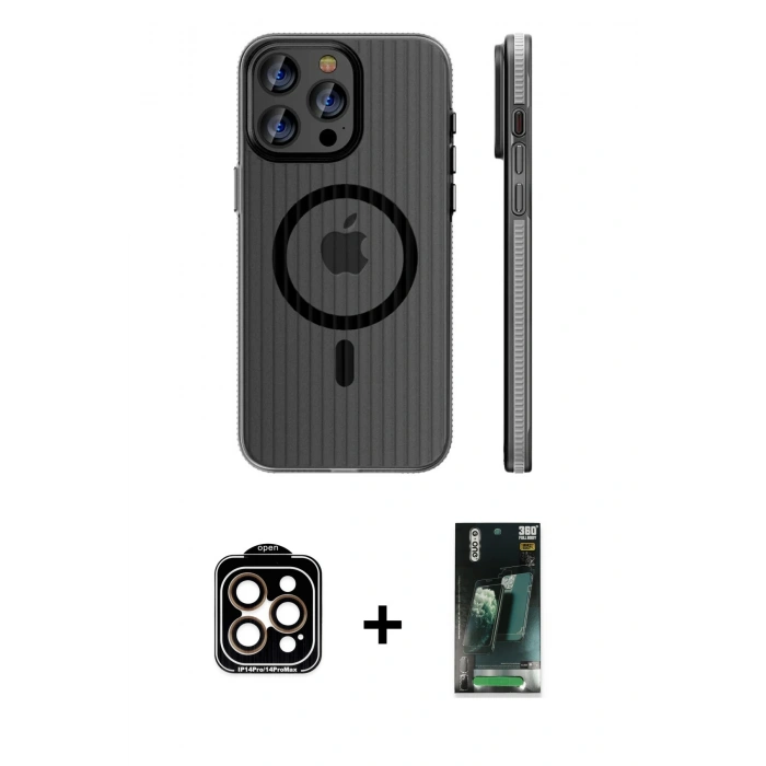 MARSİLYAN™- iPhone 15 Pro Max Kılıf Pusula Minimal Koleksiyonu - Şeffaf 360 Full Body Arka Koruyucu + PVD Metal Kamera Lens - TU