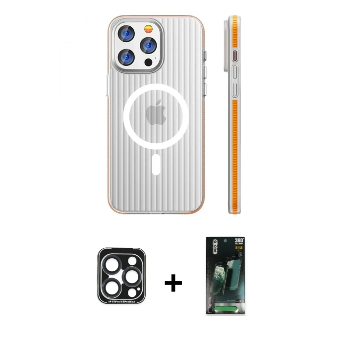 MARSİLYAN™- iPhone 15 Pro Max Kılıf Pusula Minimal Koleksiyonu - Şeffaf 360 Full Body Arka Koruyucu + PVD Metal Kamera Lens - LT